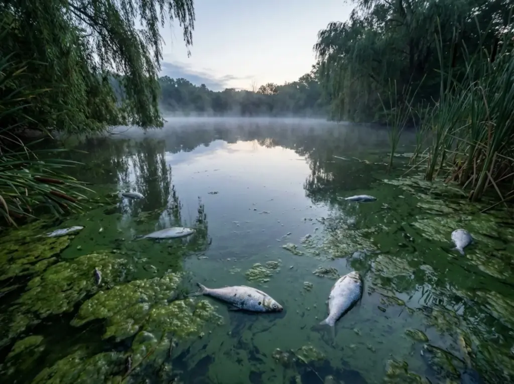 Dead fish floating in a eutrophic pond with algal bloom showing natural dissolved oxygen crash