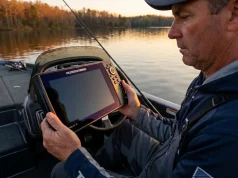 One Dead Fish Finder Nearly Killed My Best Fishing Spots Angler holding a dead Humminbird HELIX fish finder with a blank screen on a bass boat at dusk