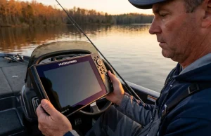 One Dead Fish Finder Nearly Killed My Best Fishing Spots Angler holding a dead Humminbird HELIX fish finder with a blank screen on a bass boat at dusk