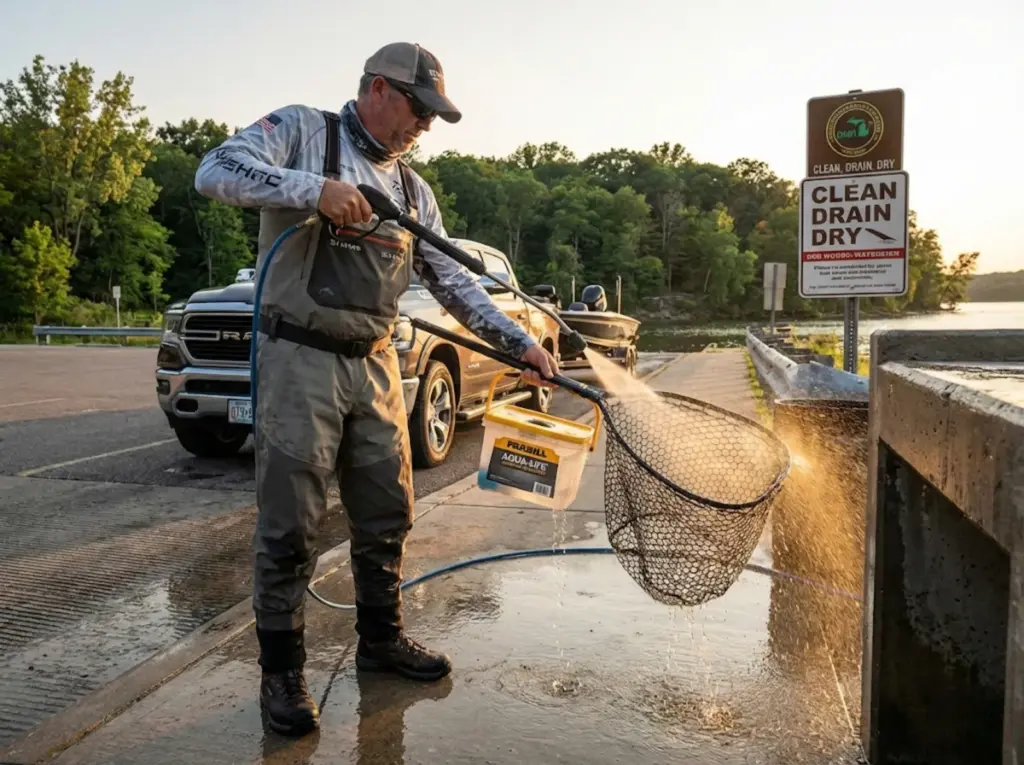 Angler decontaminating minnow bucket and net at a boat ramp cleaning station after fishing