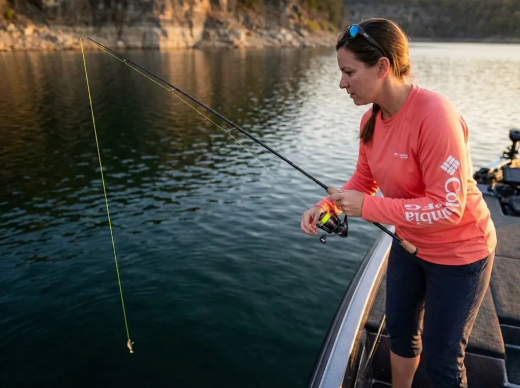Female angler vertical jigging for deep fall crappie with ACC Crappie Stix over open basin