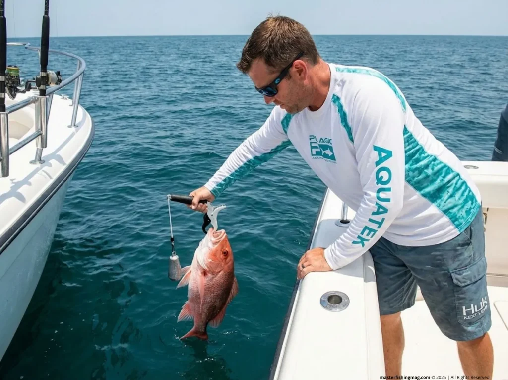 Angler using SeaQualizer descending device to release barotrauma-affected fish over boat side