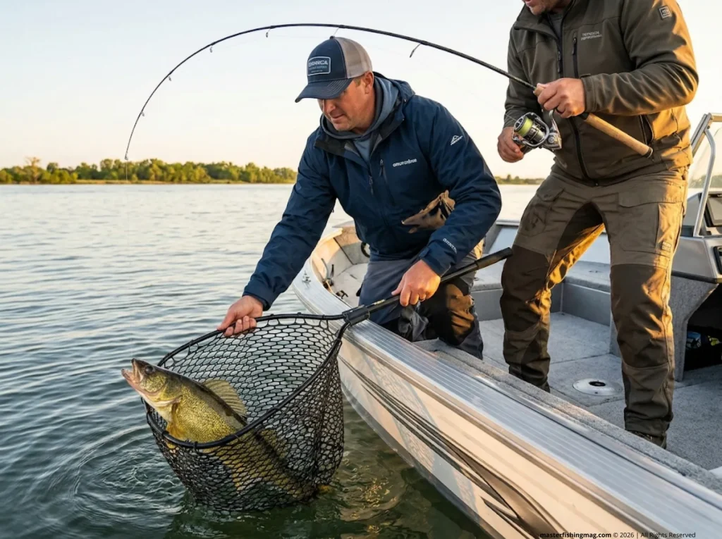 Landing a trophy walleye in shallow slacker current near Fighting Island on the Detroit River   