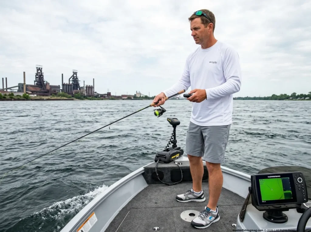 Angler controlling trolling motor for vertical walleye jigging on the fast Detroit River 