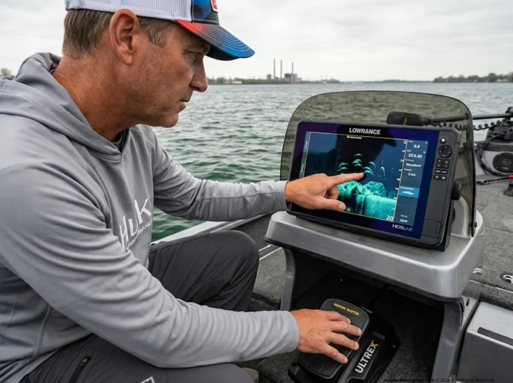 Reading fish finder sonar marks for walleye pods on the Detroit River 