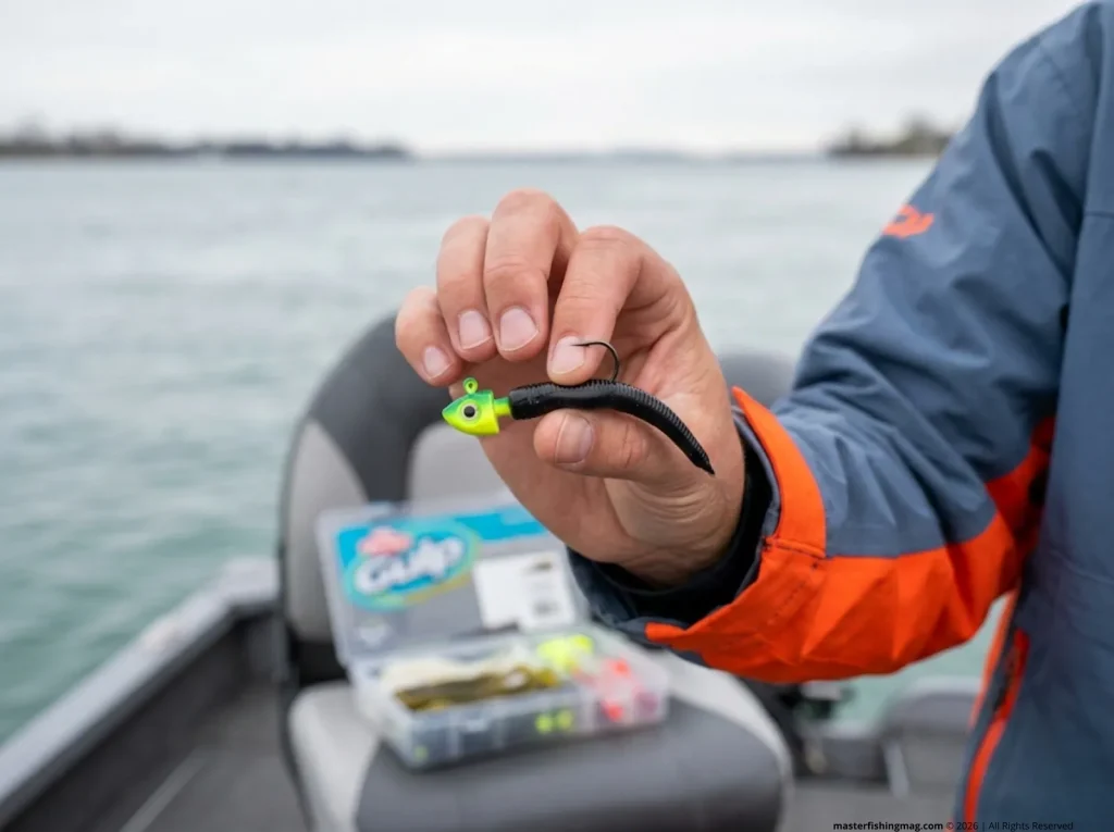 Detroit River walleye jig tipped with black worm plastic and stinger hook ready to fish  