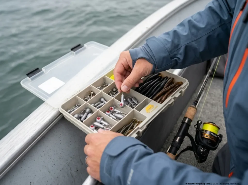 Selecting heavy jigs and plastics for Detroit River walleye jigging from organized tackle tray  