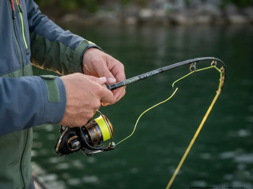 Close-up of walleye jigging rod tip motion with hi-vis braid on the Detroit River 