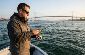 How I Jig Detroit River Walleye in 7 mph Current Angler vertical jigging for walleye on the Detroit River with Ambassador Bridge in background