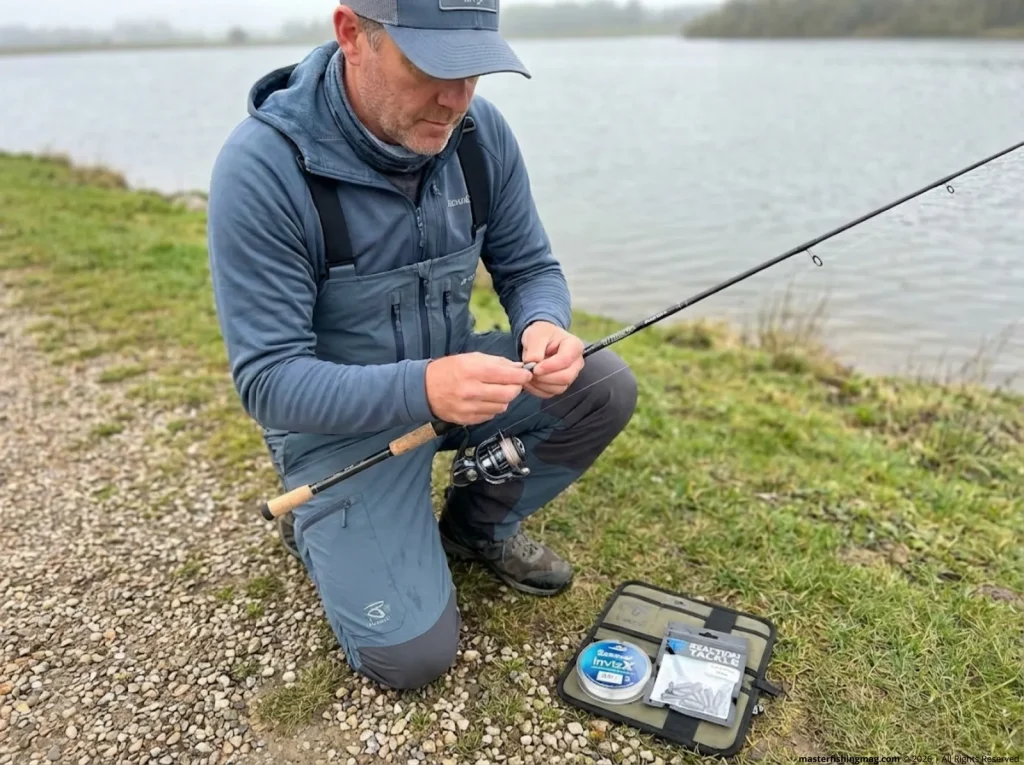Angler rigging a Carolina rig on a long spinning rod for bank fishing at a DFW reservoir