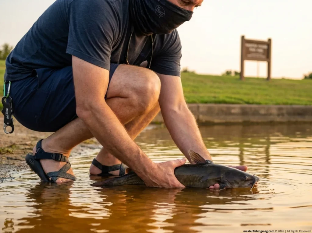 Angler carefully releasing a channel catfish at an urban DFW reservoir bank, catch-and-release