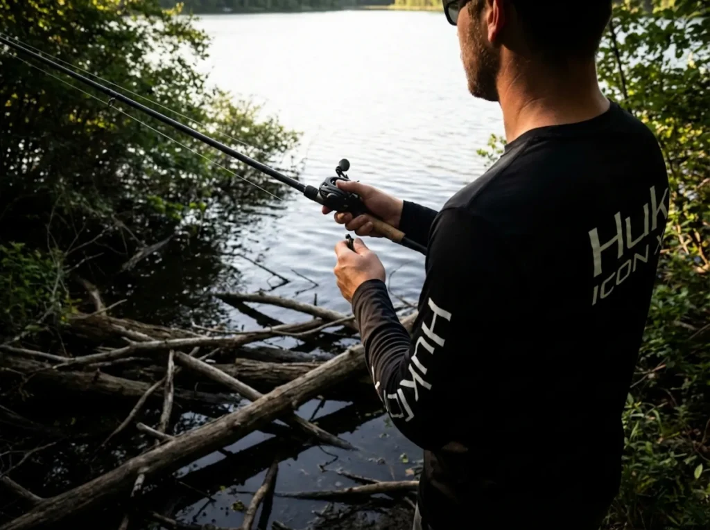Bass angler pitching tungsten jig into laydown — direct tie connection for weedless cover fishing 