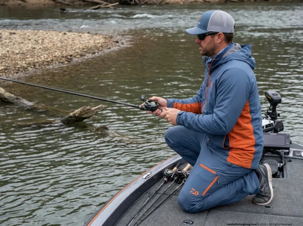 Angler pitching a lure to the downcurrent side of a structure point on a river reservoir