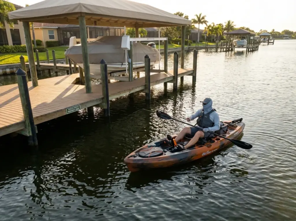 Kayak angler fishing at respectful distance from residential dock