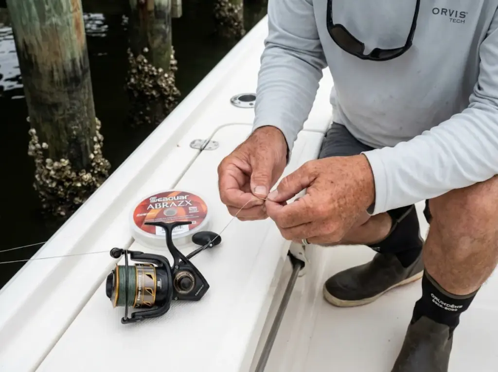 Angler tying fluorocarbon leader for dock fishing with braid mainline