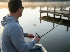 What I Wish I Knew Before Fishing My First Dock Angler skip-casting a jig toward a wooden dock at sunrise on a calm lake
