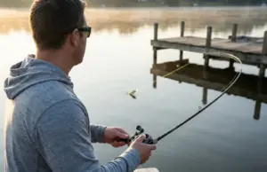 What I Wish I Knew Before Fishing My First Dock Angler skip-casting a jig toward a wooden dock at sunrise on a calm lake