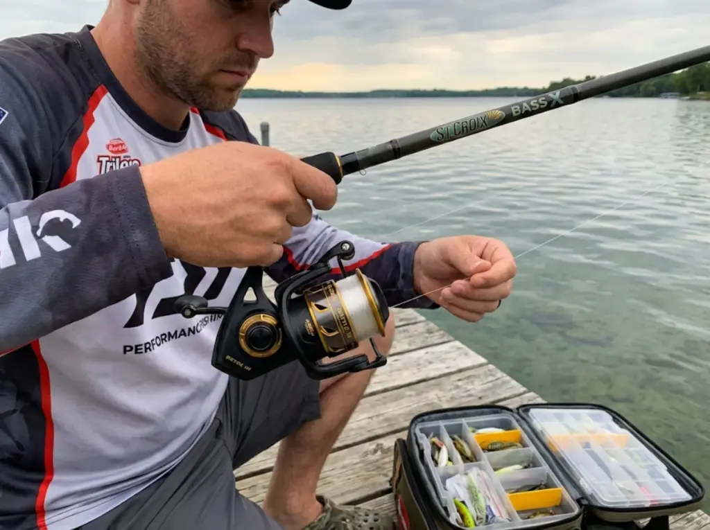Angler adjusting fishing reel drag setting on dock with spinning tackle