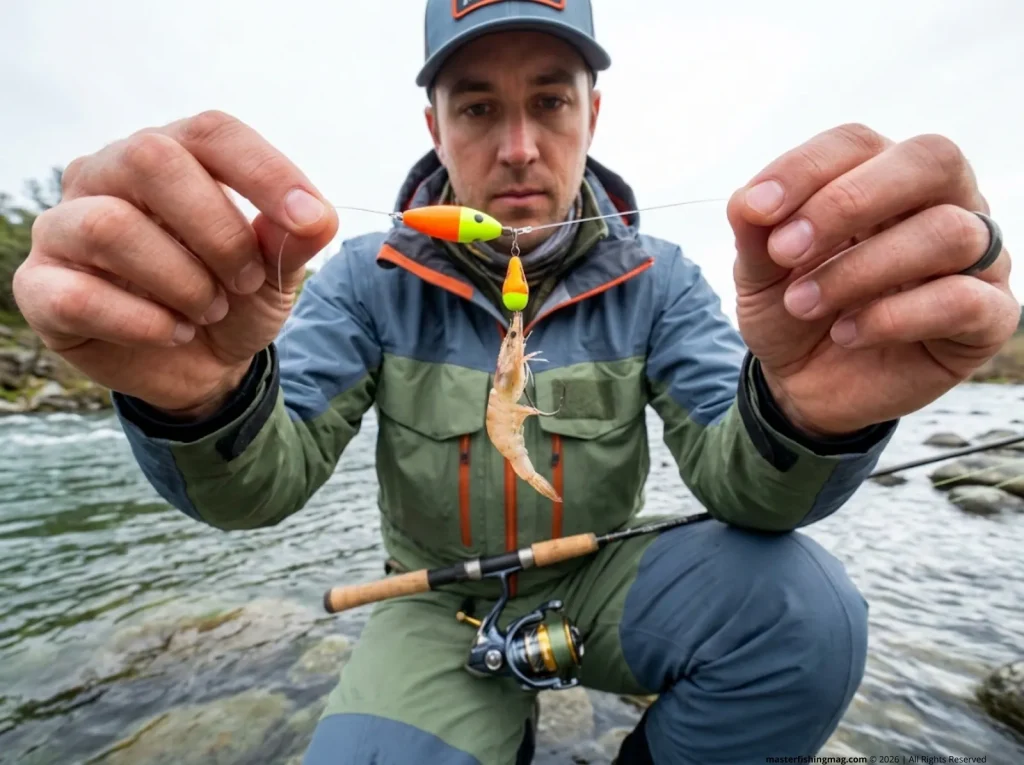 Angler inspecting Spin-N-Glo and sand shrimp drift fishing rig tied to fluorocarbon leader before casting