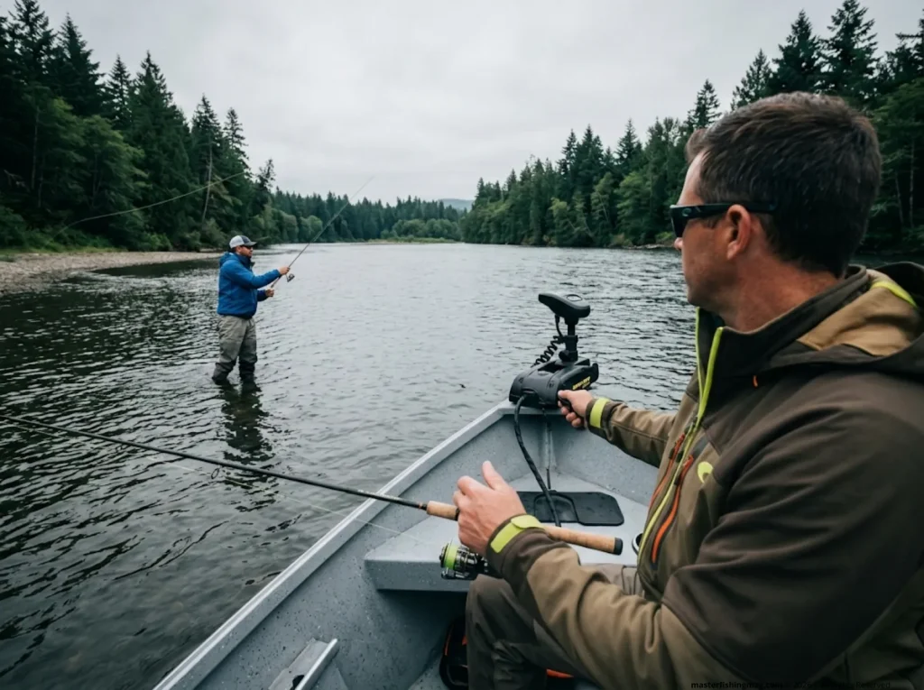 Drift boat angler operating trolling motor for side drifting while shore angler casts upstream in same river