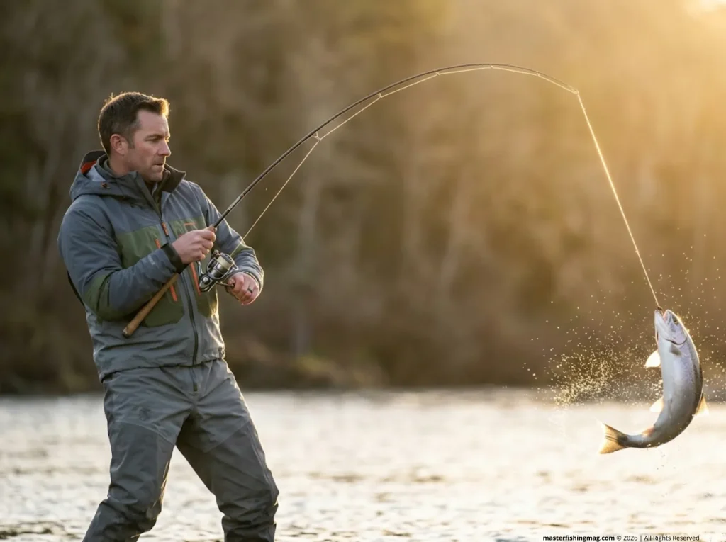 Angler setting the hook hard on a steelhead using the golden hook-set rule — fish airborne after drift fishing strike