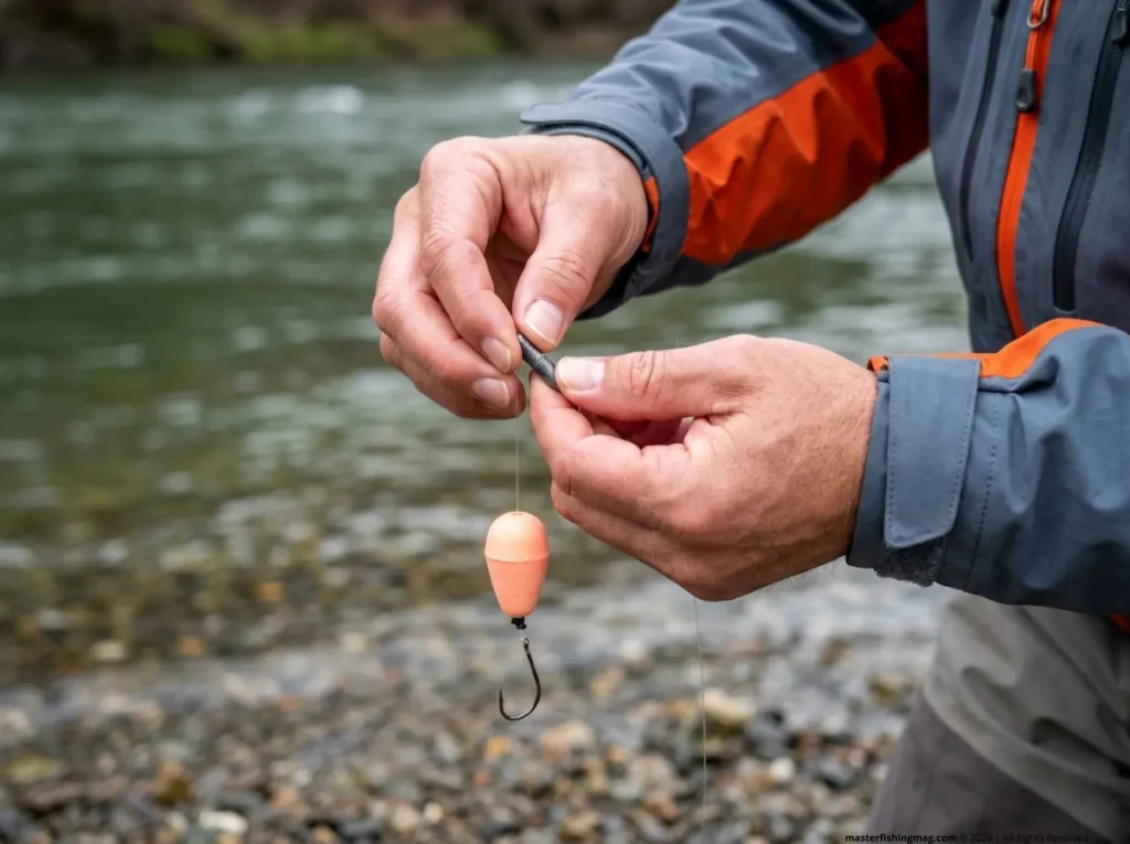 Guide hands adjusting pencil lead weight on a drift fishing rig with Lil Corky bobber to match river current speed