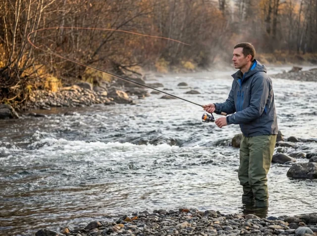 drift-fishing-rivers-current-speed-hero Angler casting upstream at 45 degrees to drift bait through a river seam at current speed