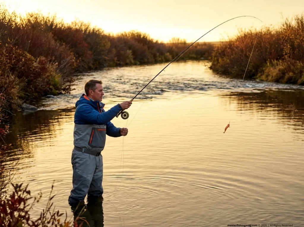 Angler completing upstream drift fishing cast at 45-degree angle into river tailout at sunrise golden hour