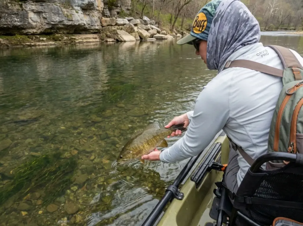 Angler releasing smallmouth bass into crystal clear Duck River Tennessee