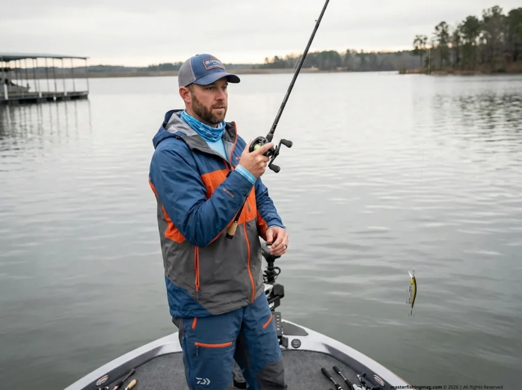Tournament angler executing upward snap trigger for following bass during dynamic jerkbait cadence retrieve on reservoir