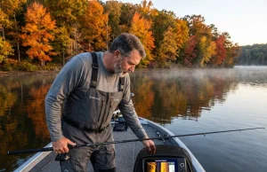 Why Fall Crappie Change Depth (And Where They Stop) Angler checking fishfinder depth reading on fall crappie fishing boat with autumn foliage