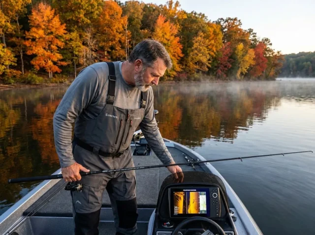 fall-crappie-depth-transition-fishfinder Angler checking fishfinder depth reading on fall crappie fishing boat with autumn foliage
