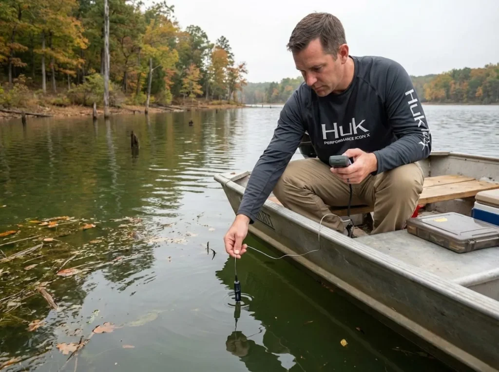 Angler measuring water temperature during fall lake turnover on a reservoir cove
