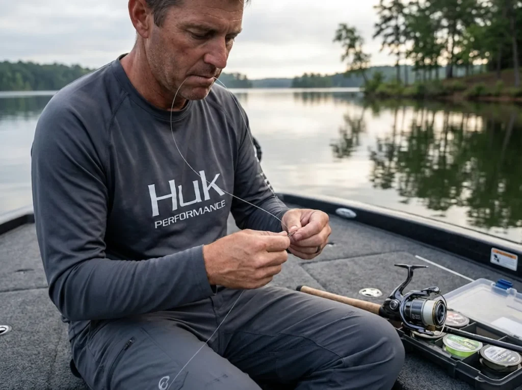 Angler tying FG knot connecting braid to fluorocarbon leader on bass boat deck