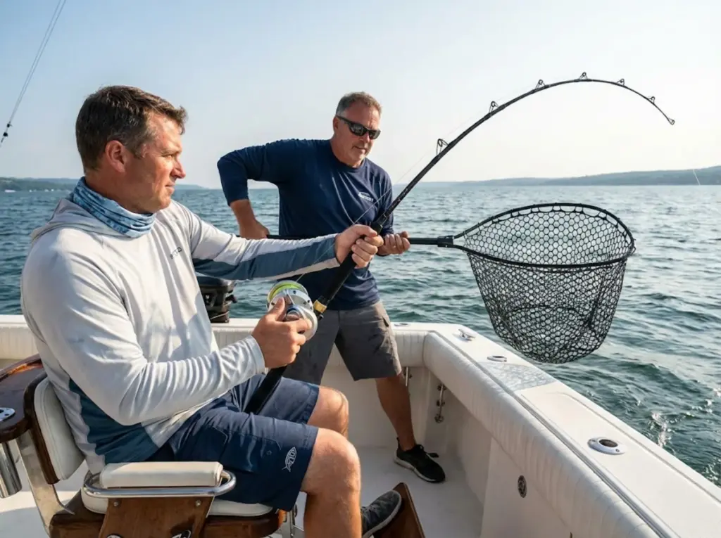 Finger Lakes charter client fights fish while captain prepares landing net on guided trip