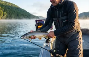Fishing New York’s Finger Lakes Region Angler holds lake trout over Finger Lakes water at sunrise with forested hills in background