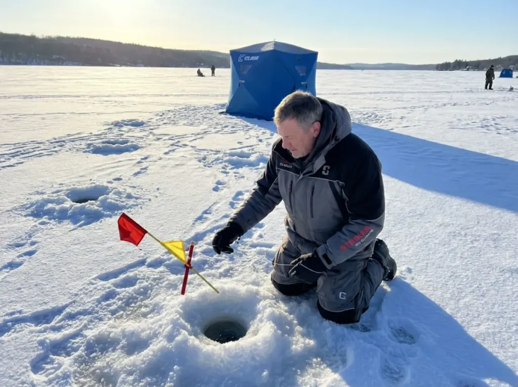 Ice angler responds to tip-up flag on frozen Finger Lake with ice shelter in background