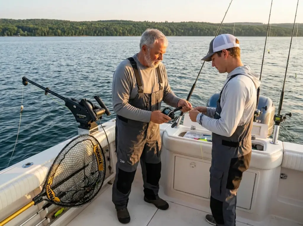 Charter captain teaches client Seth Green trolling rig setup on Finger Lakes fishing boat