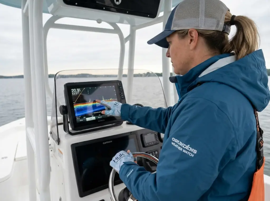 Angler studies Garmin fishfinder display showing thermocline on Finger Lake fishing boat