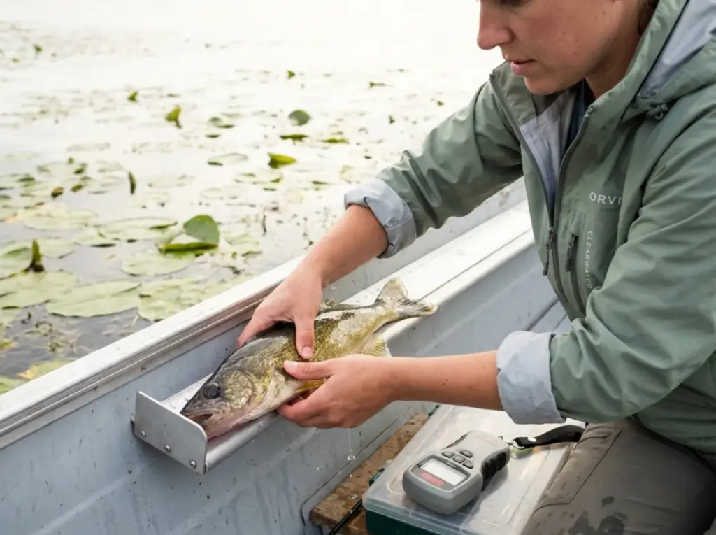 Angler measures walleye length against boat ruler to verify fishing regulations compliance