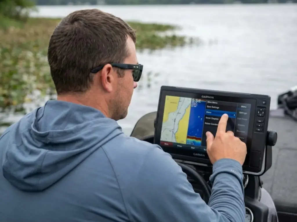 Angler adjusting fish finder sensitivity settings on Garmin display while on bass boat