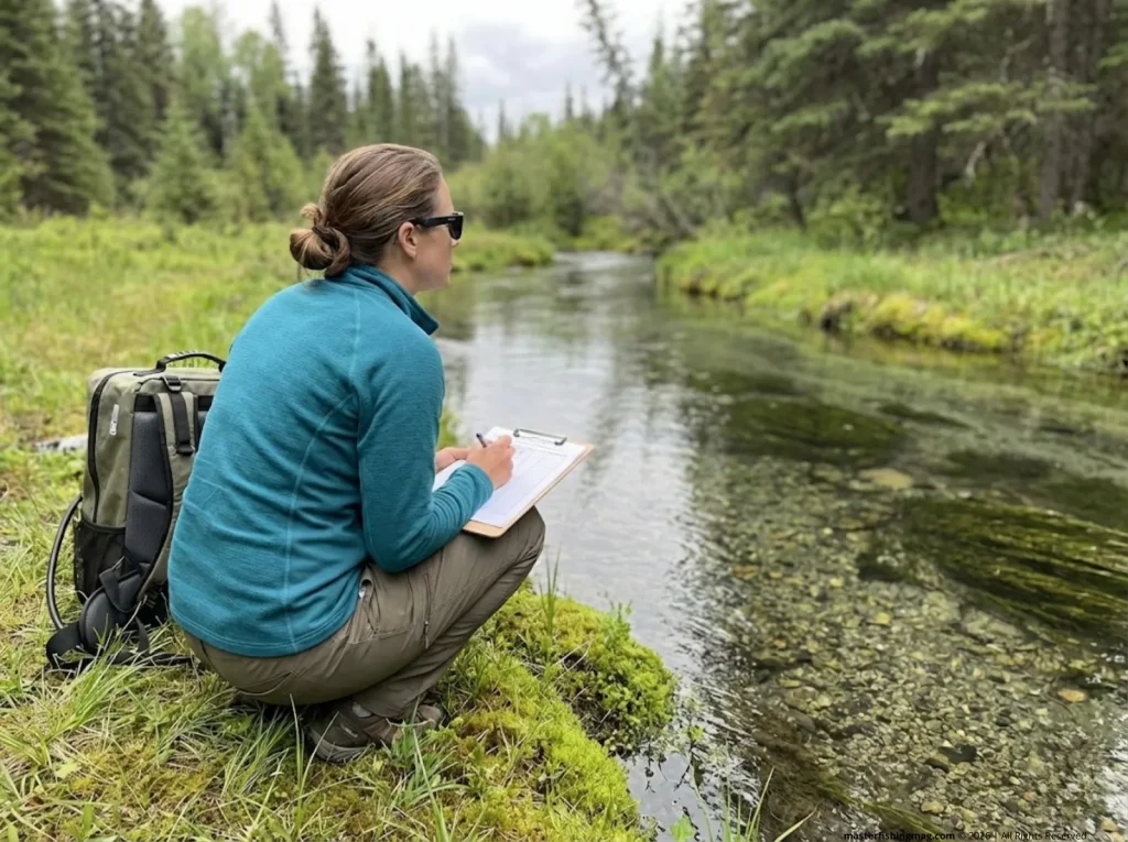 Fisheries biologist recording population data on a designated catch-and-release only stream