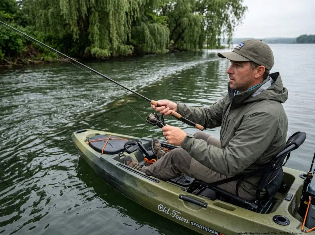 Angler casting toward creek mouth current seam from kayak, applying 90/10 fishing rule to find where fish concentrate