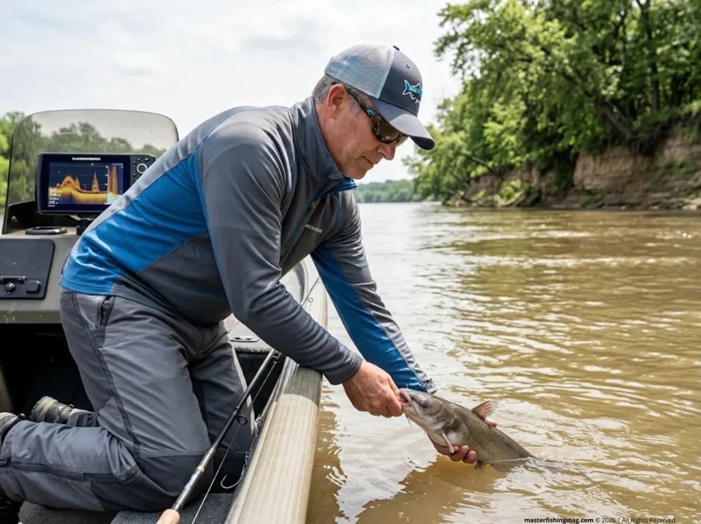 Experienced angler using advanced recovery tactics and targeting alternative species after a failed bass session, releasing catfish at river 