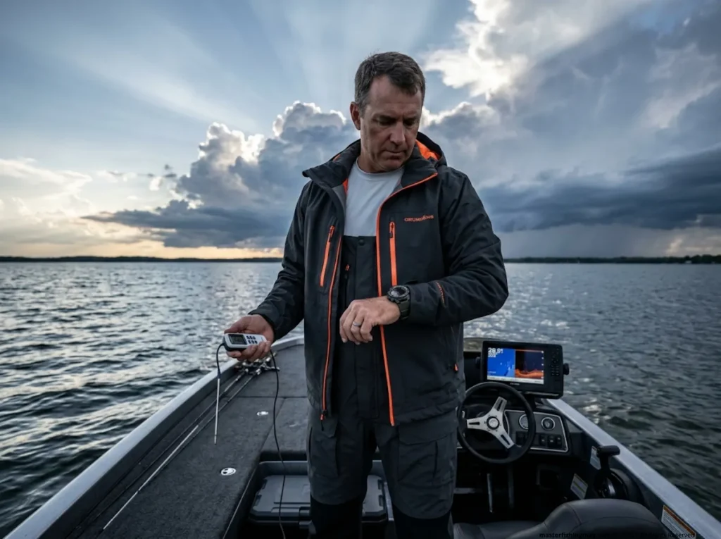 Angler checking water temperature and barometric pressure before a weather front, diagnosing environmental conditions causing fish lockjaw   