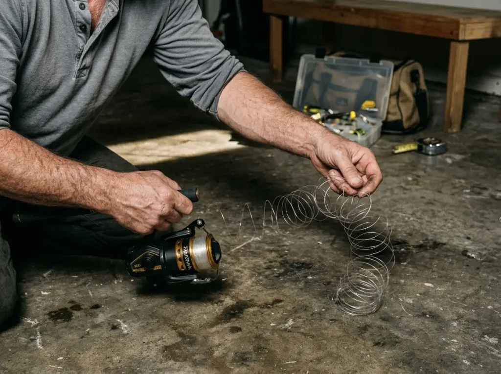 Fishing line springing into coils off a reel during an at-home line check before a trip