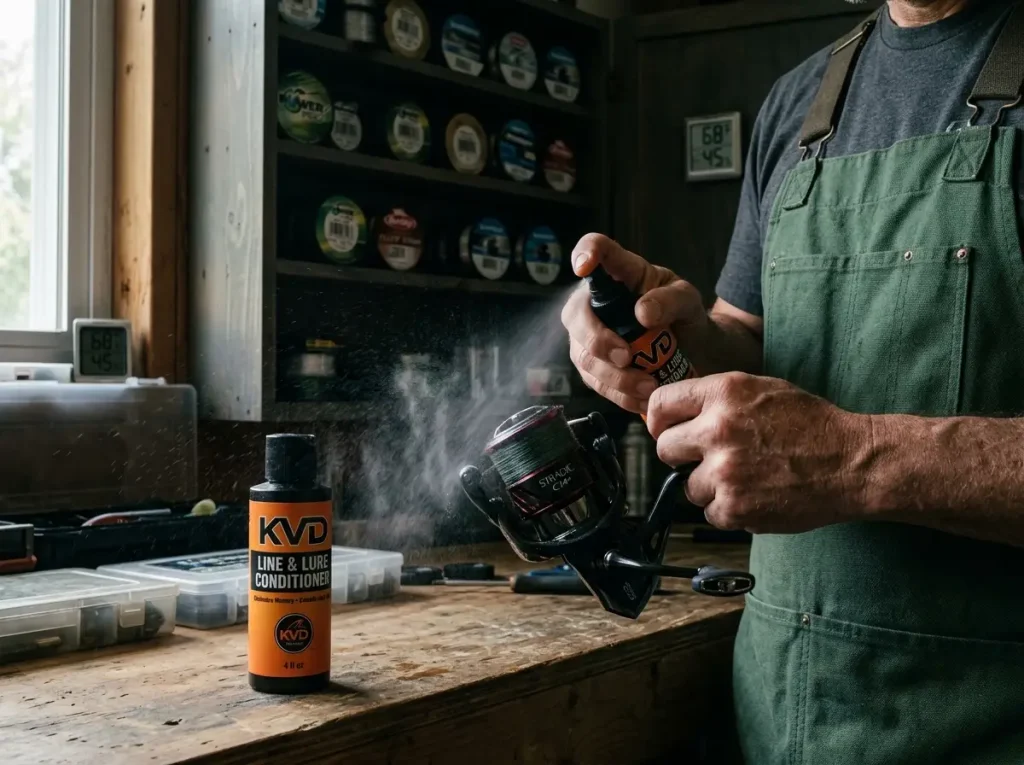 Applying line conditioner during fishing line storage to make it last between changes