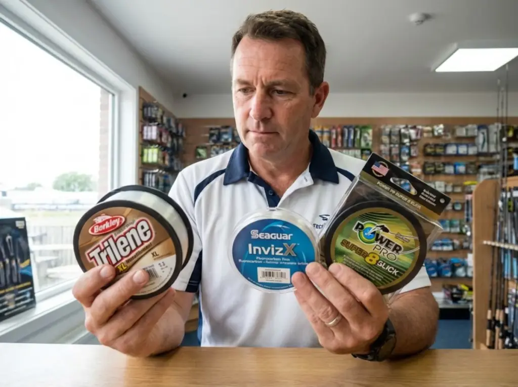 Angler comparing monofilament fluorocarbon and braided fishing line spools