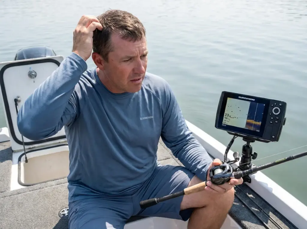Frustrated angler puzzling over fish finder on hot summer afternoon with empty livewell