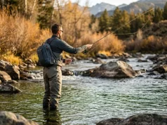 Your Fishing Pack Is Killing Your Cast and You Don’t Know It Angler roll casting on mountain river wearing sling pack on non-casting shoulder, fall light